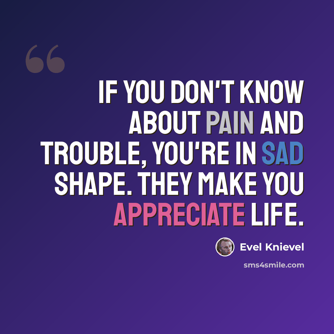 “If you don't know about pain and trouble, you're in sad shape. They make you appreciate life.” quote by Evel Knievel