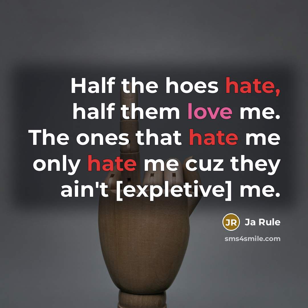 “Half the hoes hate, half them love me. The ones that hate me only hate me cuz they ain't [expletive] me.” quote by Ja Rule