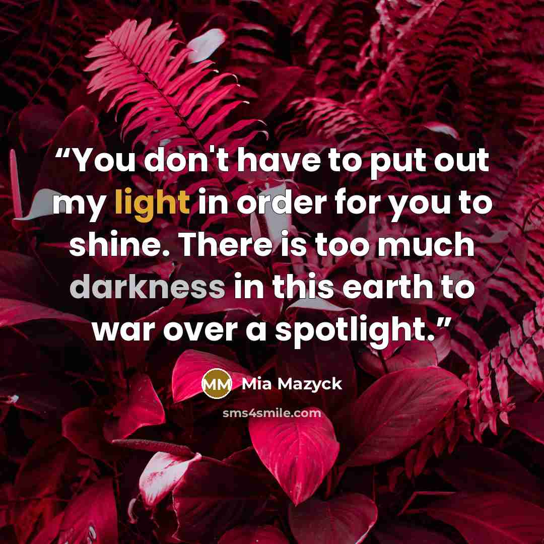 “You don't have to put out my light in order for you to shine. There is too much darkness in this earth to war over a spotlight.” quote by Mia Mazyck