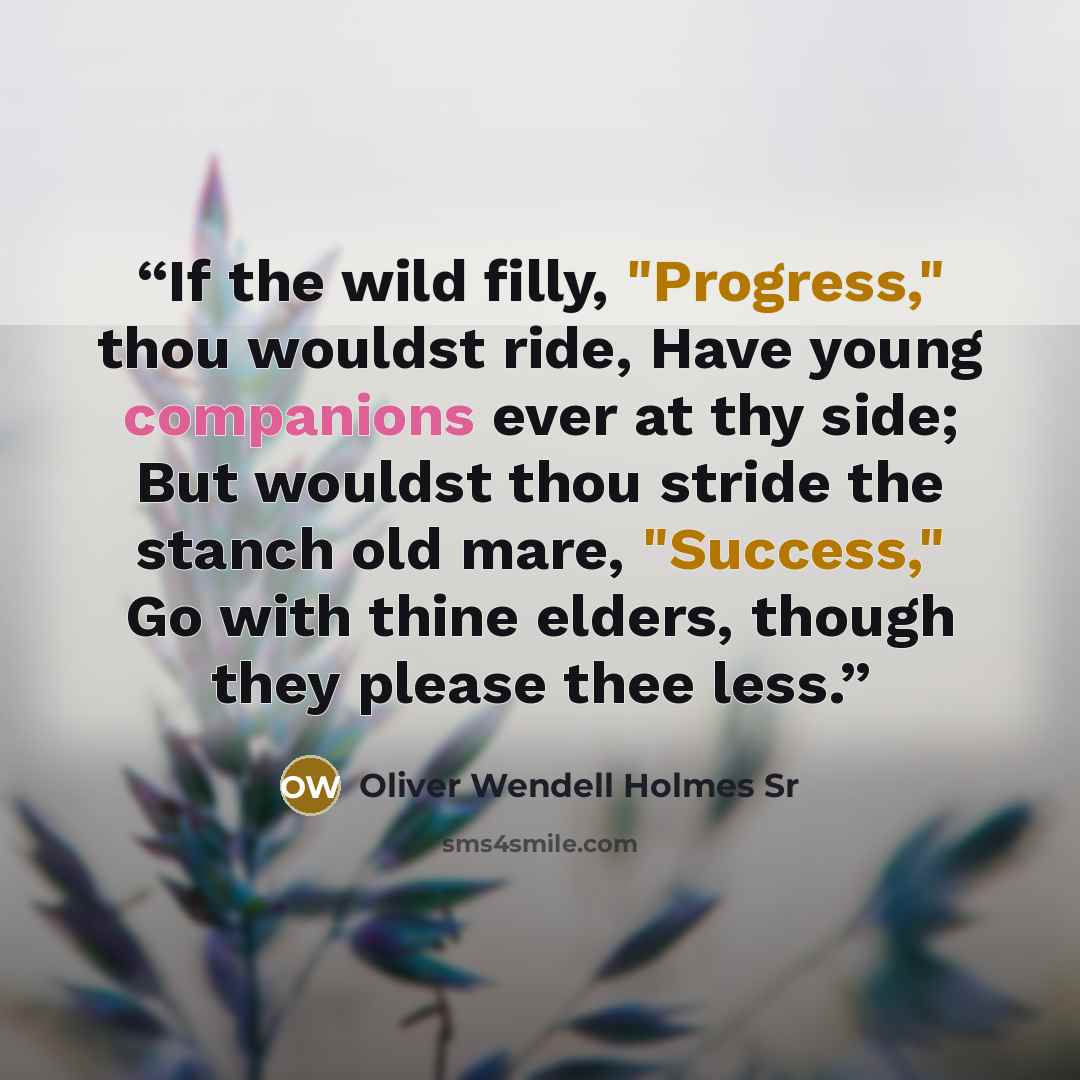 “If the wild filly, "Progress," thou wouldst ride, Have young companions ever at thy side; But wouldst thou stride the stanch old mare, "Success," Go with thine elders, though they please thee less.” quote by Oliver Wendell Holmes Sr