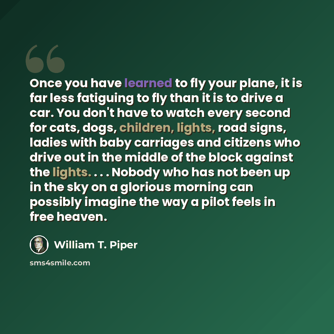 “Once you have learned to fly your plane, it is far less fatiguing to fly than it is to drive a car. You don't have to watch every second for cats, dogs, children, lights, road signs, ladies with baby carriages and citizens who drive out in the middle of the block against the lights. . . . Nobody…” quote by William T. Piper