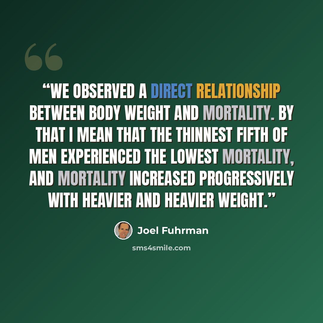 “We observed a direct relationship between body weight and mortality. By that I mean that the thinnest fifth of men experienced the lowest mortality, and mortality increased progressively with heavier and heavier weight.” quote by Joel Fuhrman
