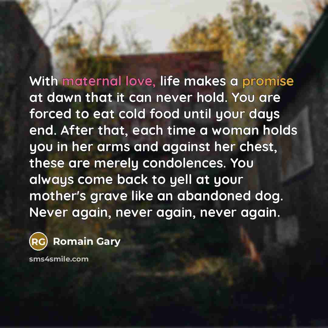 “With maternal love, life makes a promise at dawn that it can never hold. You are forced to eat cold food until your days end. After that, each time a woman holds you in her arms and against her chest, these are merely condolences. You always come back to yell at your mother's grave like an…” quote by Romain Gary