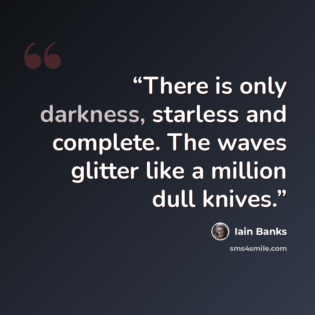 “There is only darkness, starless and complete. The waves glitter like a million dull knives.” quote by Iain Banks