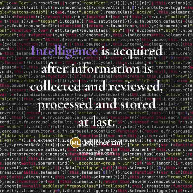 “Intelligence is acquired after information is collected and reviewed, processed and stored at last.” quote by Melchor Lim