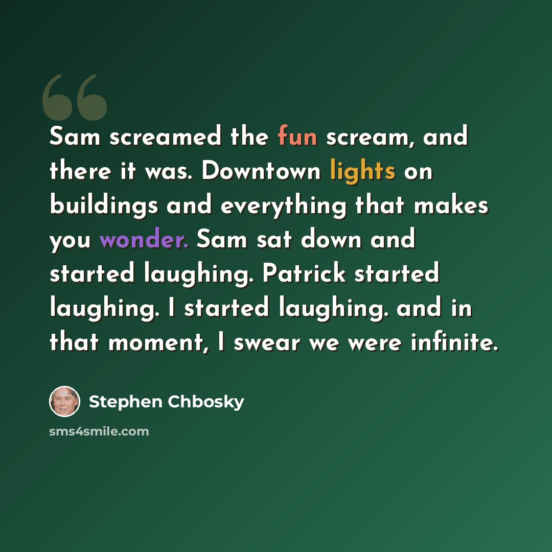 “Sam screamed the fun scream, and there it was. Downtown lights on buildings and everything that makes you wonder. Sam sat down and started laughing. Patrick started laughing. I started laughing. and in that moment, I swear we were infinite.” quote by Stephen Chbosky