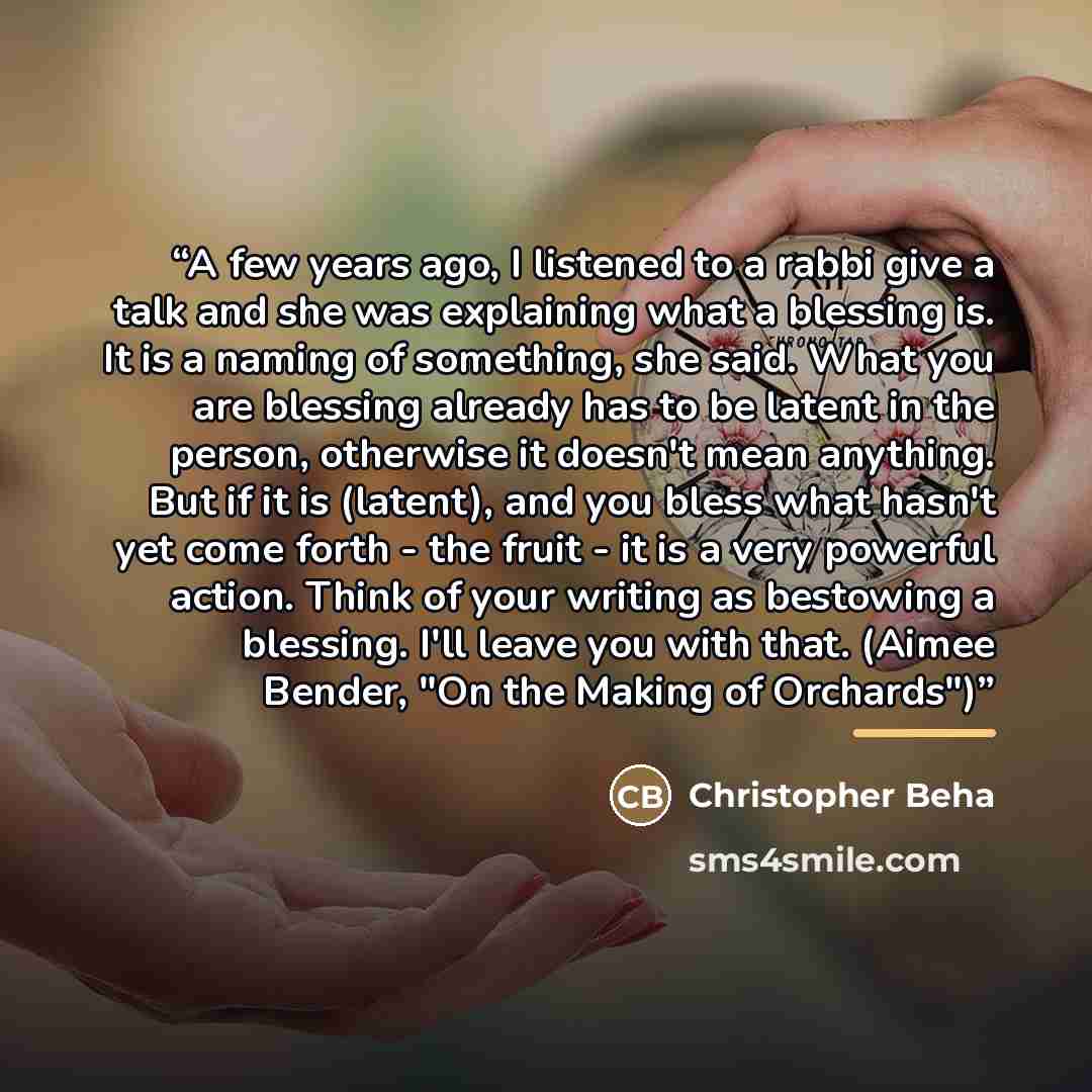 “A few years ago, I listened to a rabbi give a talk and she was explaining what a blessing is. It is a naming of something, she said. What you are blessing already has to be latent in the person, otherwise it doesn't mean anything. But if it is (latent), and you bless what hasn't yet come forth…” quote by Christopher Beha
