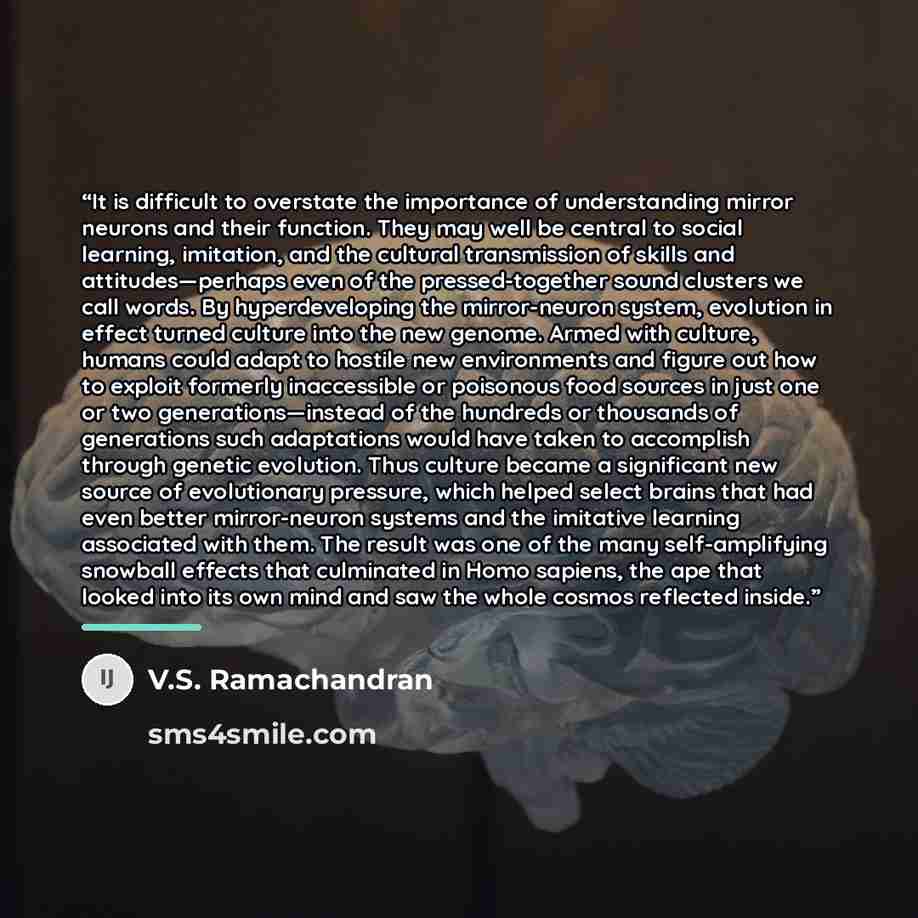 “It is difficult to overstate the importance of understanding mirror neurons and their function. They may well be central to social learning, imitation, and the cultural transmission of skills and attitudes—perhaps even of the pressed-together sound clusters we call words. By hyperdeveloping the…” quote by V.S. Ramachandran