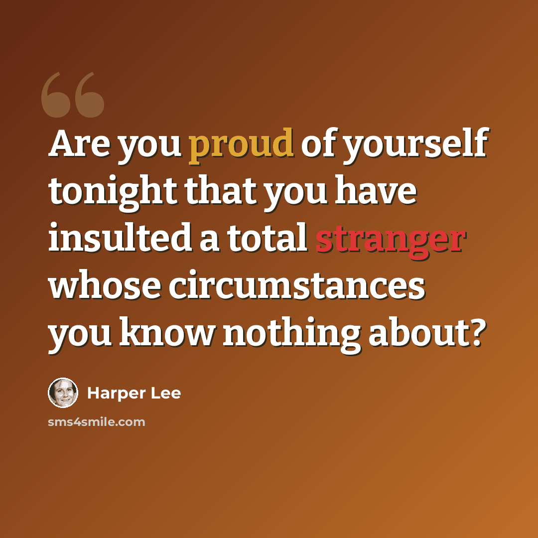 “Are you proud of yourself tonight that you have insulted a total stranger whose circumstances you know nothing about?” quote by Harper Lee