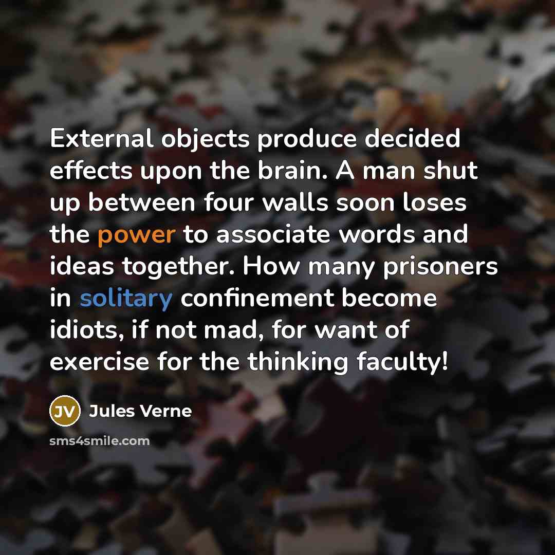 “External objects produce decided effects upon the brain. A man shut up between four walls soon loses the power to associate words and ideas together. How many prisoners in solitary confinement become idiots, if not mad, for want of exercise for the thinking faculty!” quote by Jules Verne