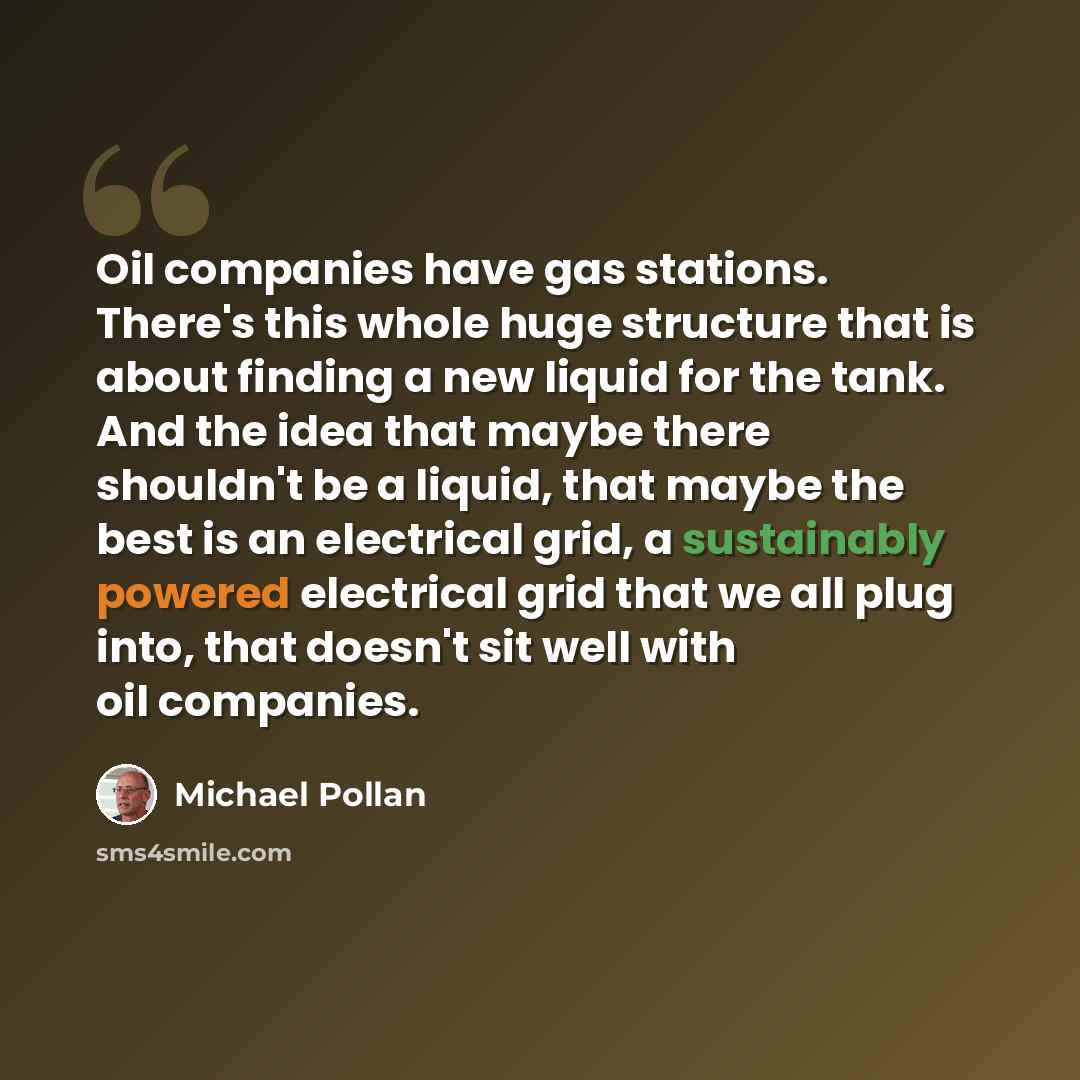 “Oil companies have gas stations. There's this whole huge structure that is about finding a new liquid for the tank. And the idea that maybe there shouldn't be a liquid, that maybe the best is an electrical grid, a sustainably powered electrical grid that we all plug into, that doesn't sit well…” quote by Michael Pollan