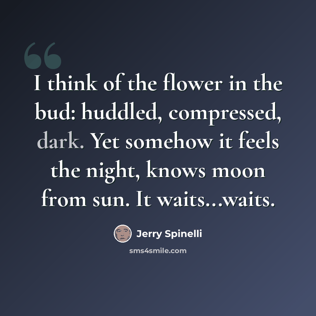 “I think of the flower in the bud: huddled, compressed, dark. Yet somehow it feels the night, knows moon from sun. It waits...waits.” quote by Jerry Spinelli