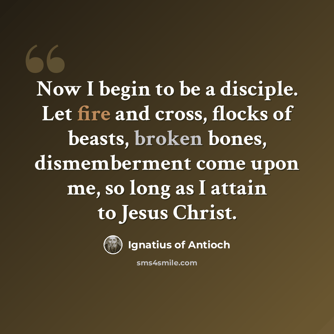 “Now I begin to be a disciple. Let fire and cross, flocks of beasts, broken bones, dismemberment come upon me, so long as I attain to Jesus Christ.” quote by Ignatius of Antioch