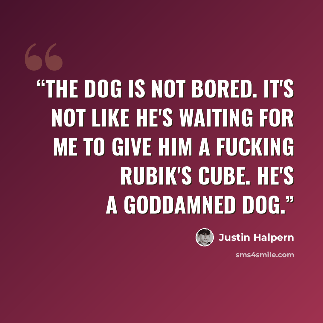 “The dog is not bored. It's not like he's waiting for me to give him a fucking Rubik's Cube. He's a goddamned dog.” quote by Justin Halpern