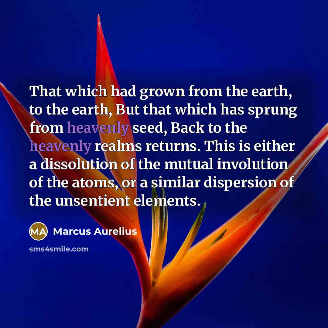 “That which had grown from the earth, to the earth, But that which has sprung from heavenly seed, Back to the heavenly realms returns. This is either a dissolution of the mutual involution of the atoms, or a similar dispersion of the unsentient elements.” quote by Marcus Aurelius