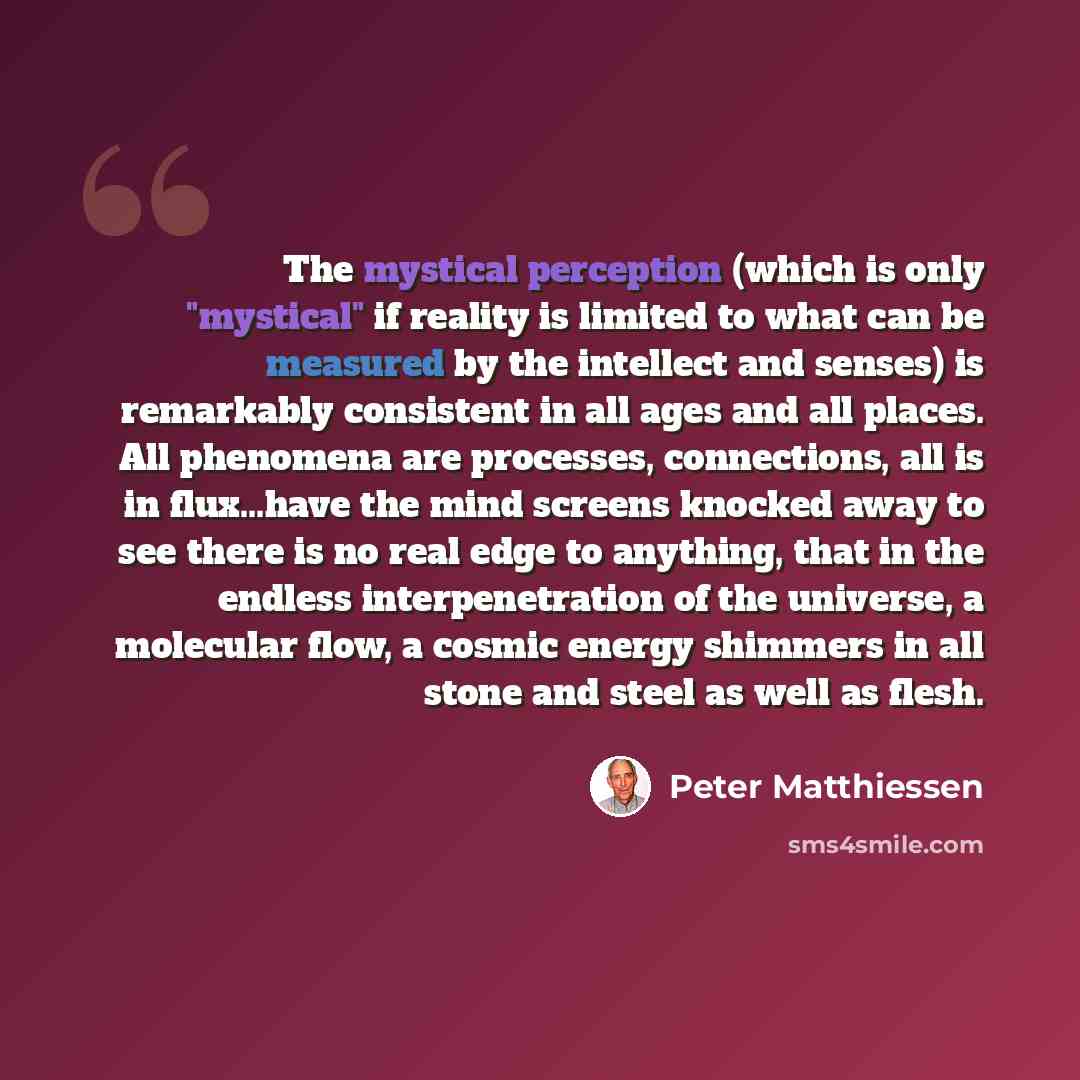 “The mystical perception (which is only "mystical" if reality is limited to what can be measured by the intellect and senses) is remarkably consistent in all ages and all places. All phenomena are processes, connections, all is in flux...have the mind screens knocked away to see there is no real…” quote by Peter Matthiessen