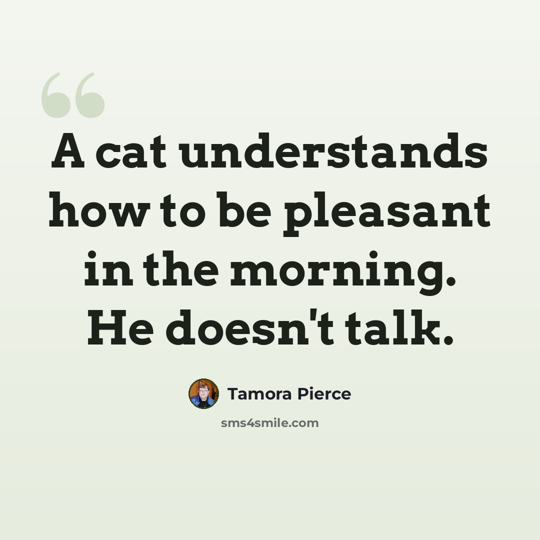“A cat understands how to be pleasant in the morning. He doesn't talk.” quote by Tamora Pierce