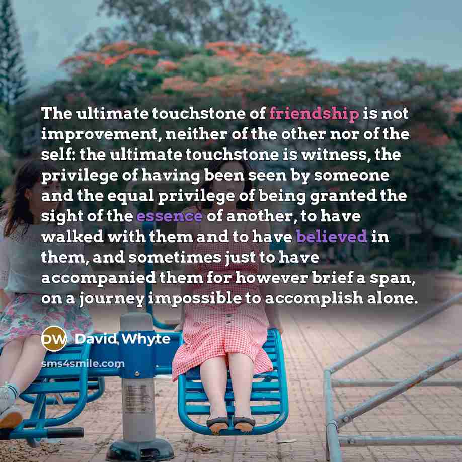 “The ultimate touchstone of friendship is not improvement, neither of the other nor of the self: the ultimate touchstone is witness, the privilege of having been seen by someone and the equal privilege of being granted the sight of the essence of another, to have walked with them and to have…” quote by David Whyte