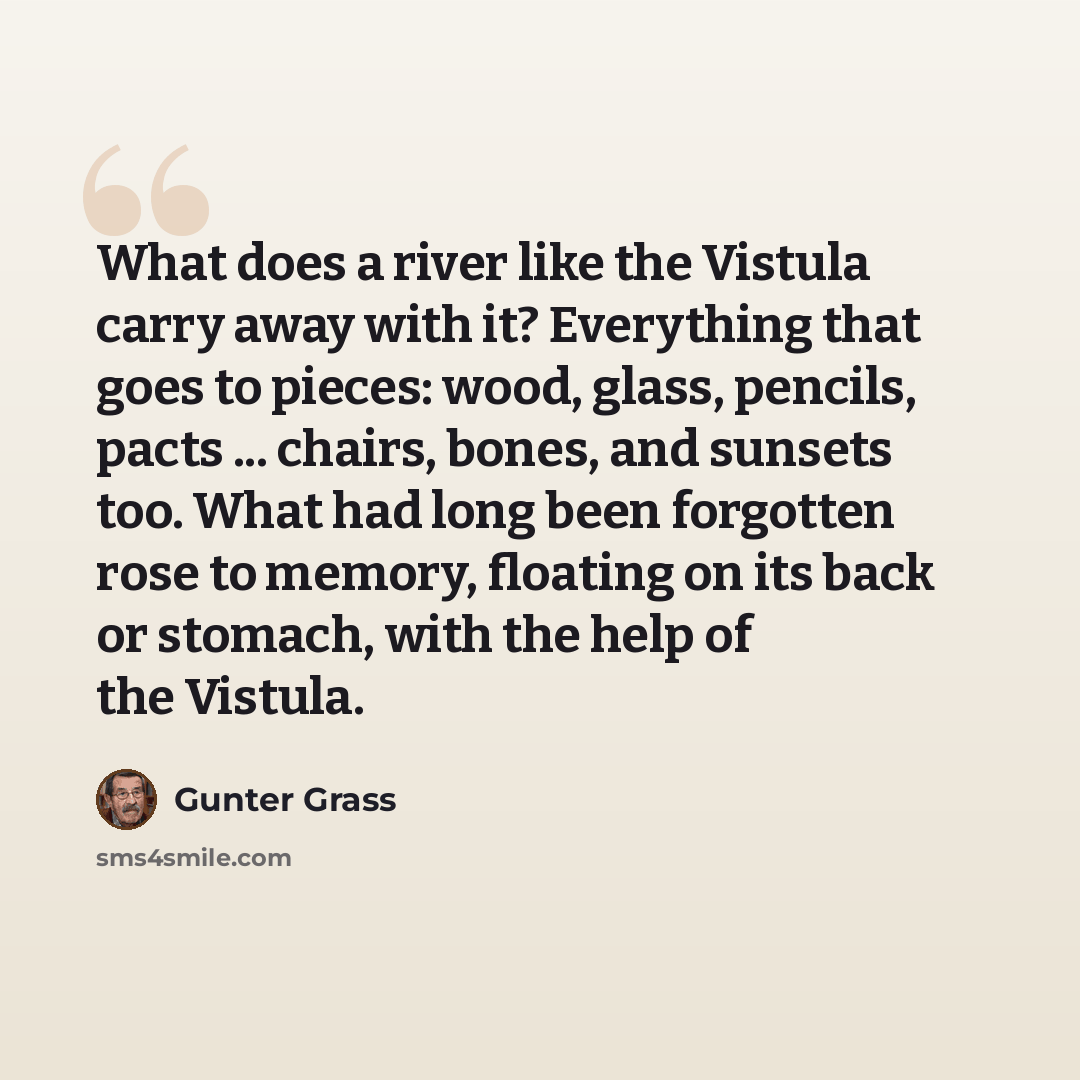 “What does a river like the Vistula carry away with it? Everything that goes to pieces: wood, glass, pencils, pacts ... chairs, bones, and sunsets too. What had long been forgotten rose to memory, floating on its back or stomach, with the help of the Vistula.” quote by Gunter Grass