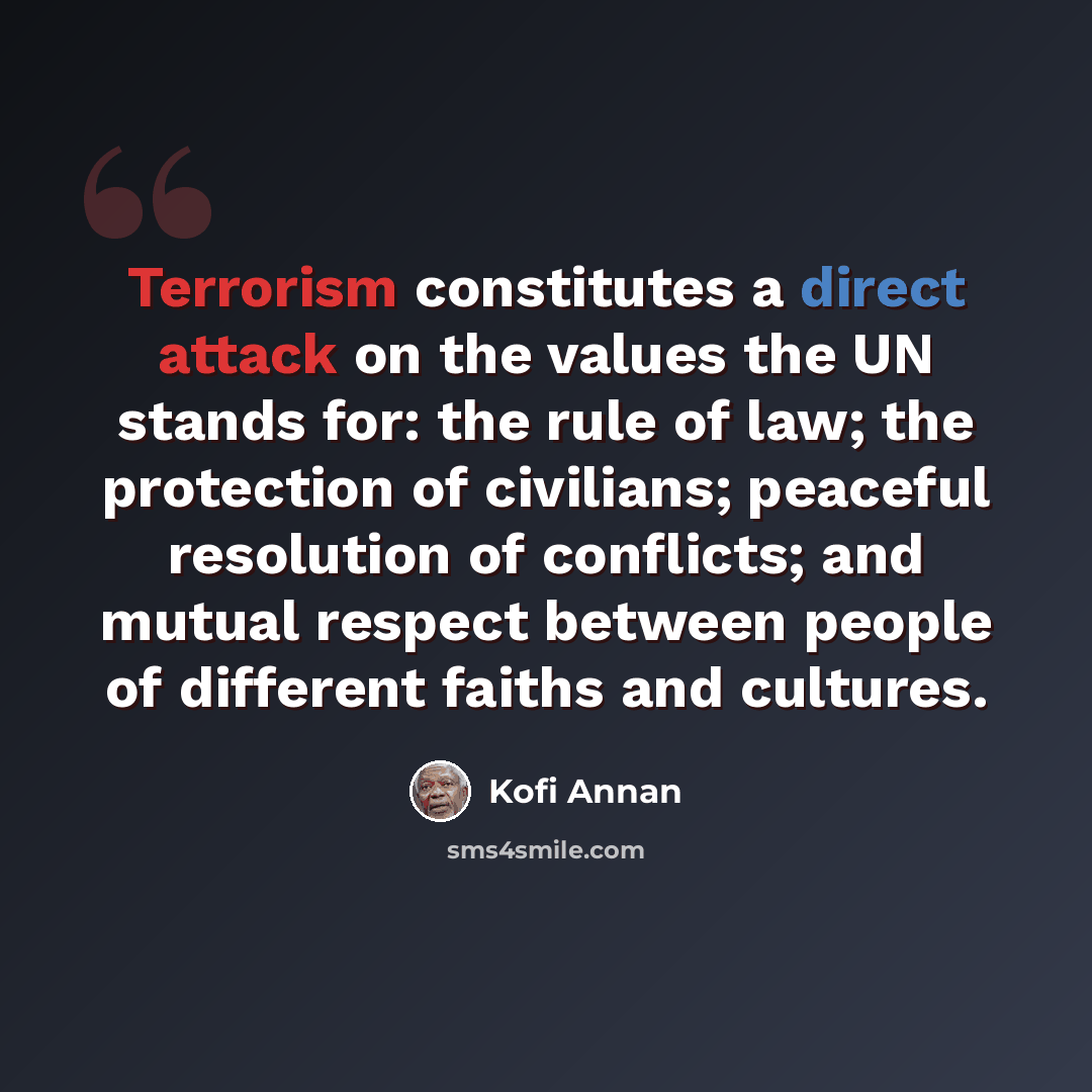 “Terrorism constitutes a direct attack on the values the UN stands for: the rule of law; the protection of civilians; peaceful resolution of conflicts; and mutual respect between people of different faiths and cultures.” quote by Kofi Annan