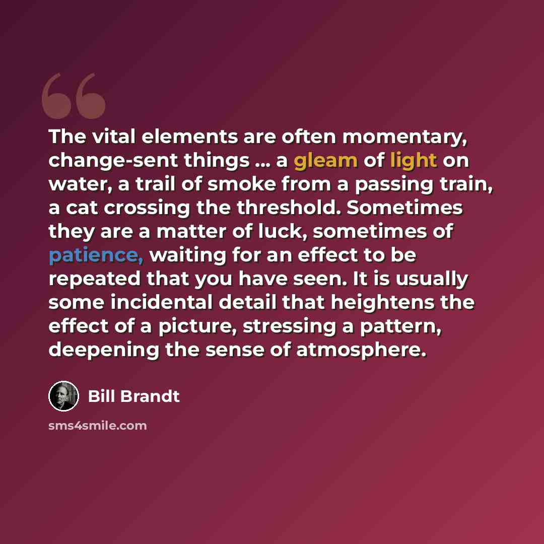 “The vital elements are often momentary, change-sent things ... a gleam of light on water, a trail of smoke from a passing train, a cat crossing the threshold. Sometimes they are a matter of luck, sometimes of patience, waiting for an effect to be repeated that you have seen. It is usually some…” quote by Bill Brandt