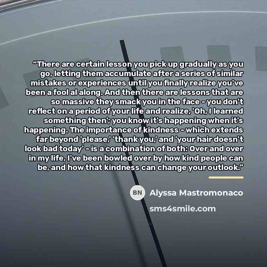 “There are certain lesson you pick up gradually as you go, letting them accumulate after a series of similar mistakes or experiences until you finally realize you've been a fool al along. And then there are lessons that are so massive they smack you in the face - you don't reflect on a period of…” quote by Alyssa Mastromonaco