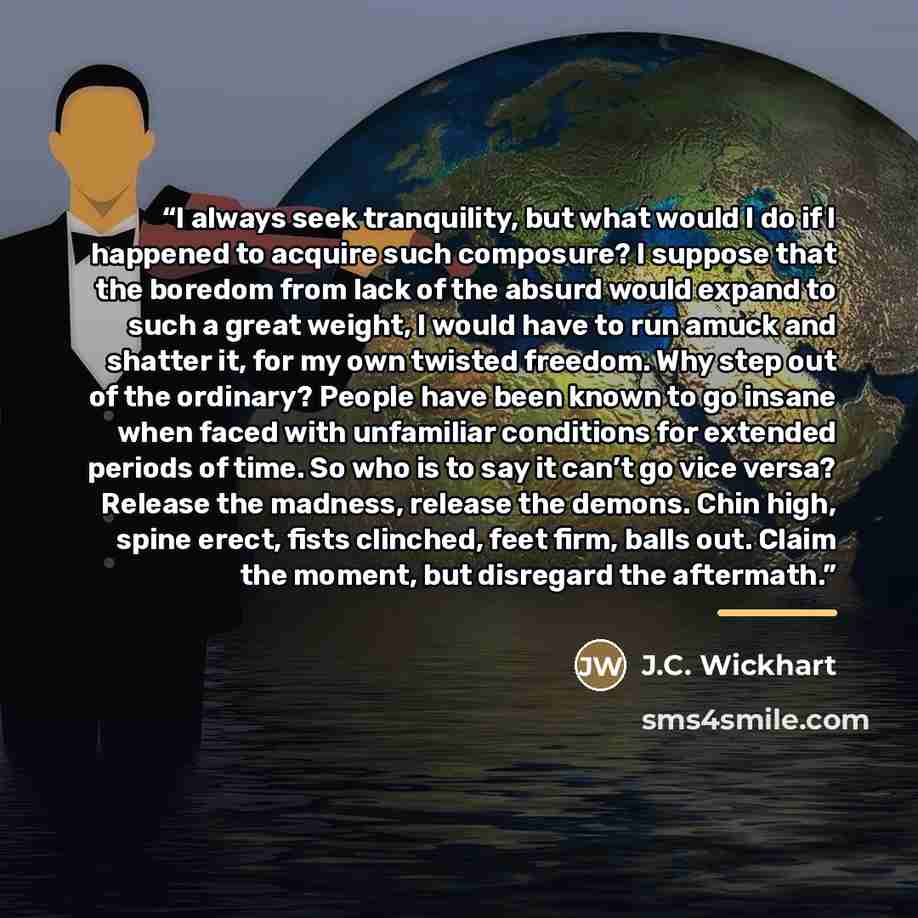 “I always seek tranquility, but what would I do if I happened to acquire such composure? I suppose that the boredom from lack of the absurd would expand to such a great weight, I would have to run amuck and shatter it, for my own twisted freedom. Why step out of the ordinary? People have been known…” quote by J.C. Wickhart