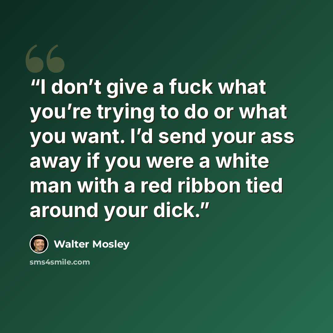 “I don’t give a fuck what you’re trying to do or what you want. I’d send your ass away if you were a white man with a red ribbon tied around your dick.” quote by Walter Mosley