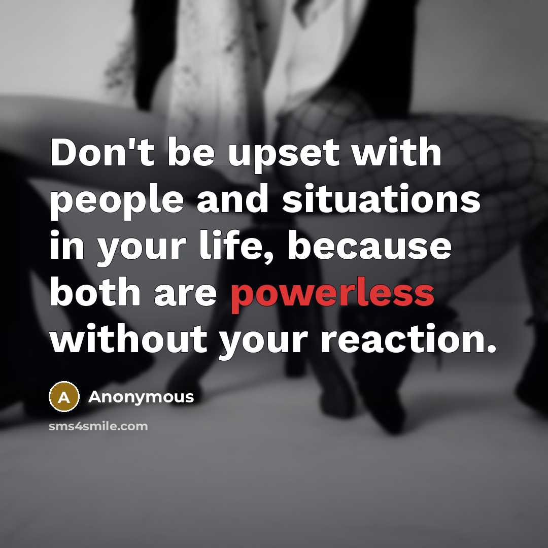 “Don't be upset with people and situations in your life, because both are powerless without your reaction.” quote by Anonymous