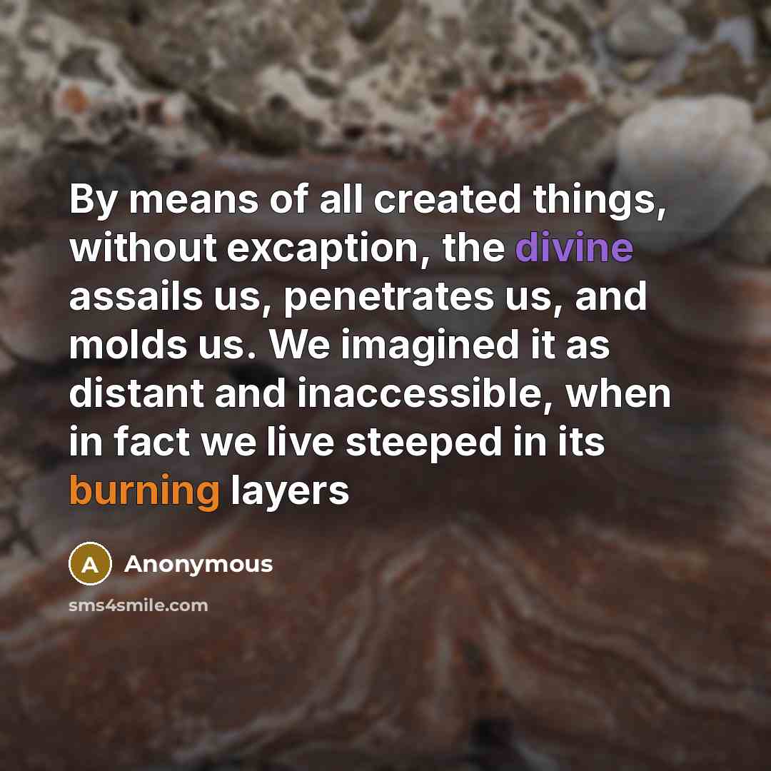 “By means of all created things, without excaption, the divine assails us, penetrates us, and molds us. We imagined it as distant and inaccessible, when in fact we live steeped in its burning layers” quote by Anonymous