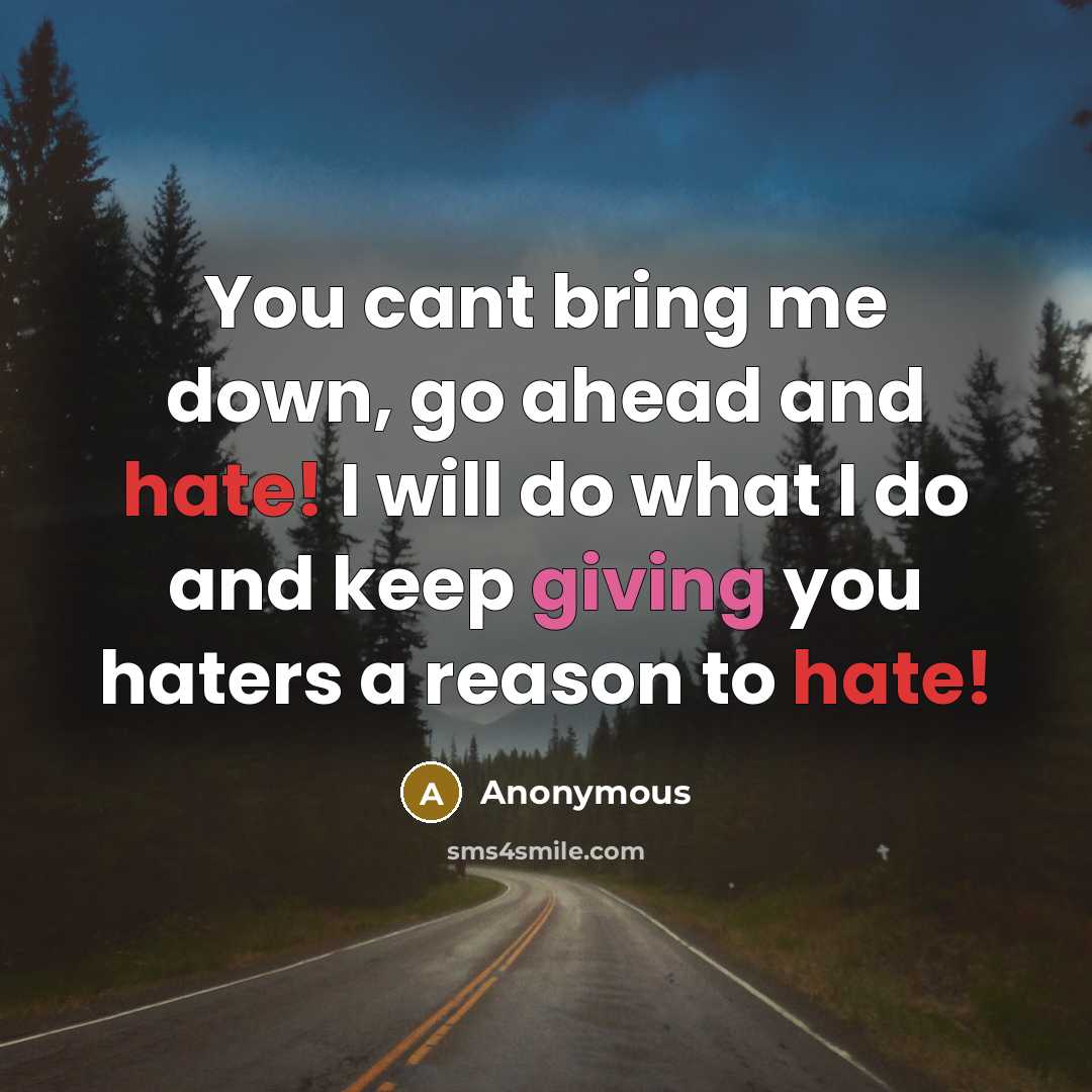 “You cant bring me down, go ahead and hate! I will do what I do and keep giving you haters a reason to hate!” quote by Anonymous