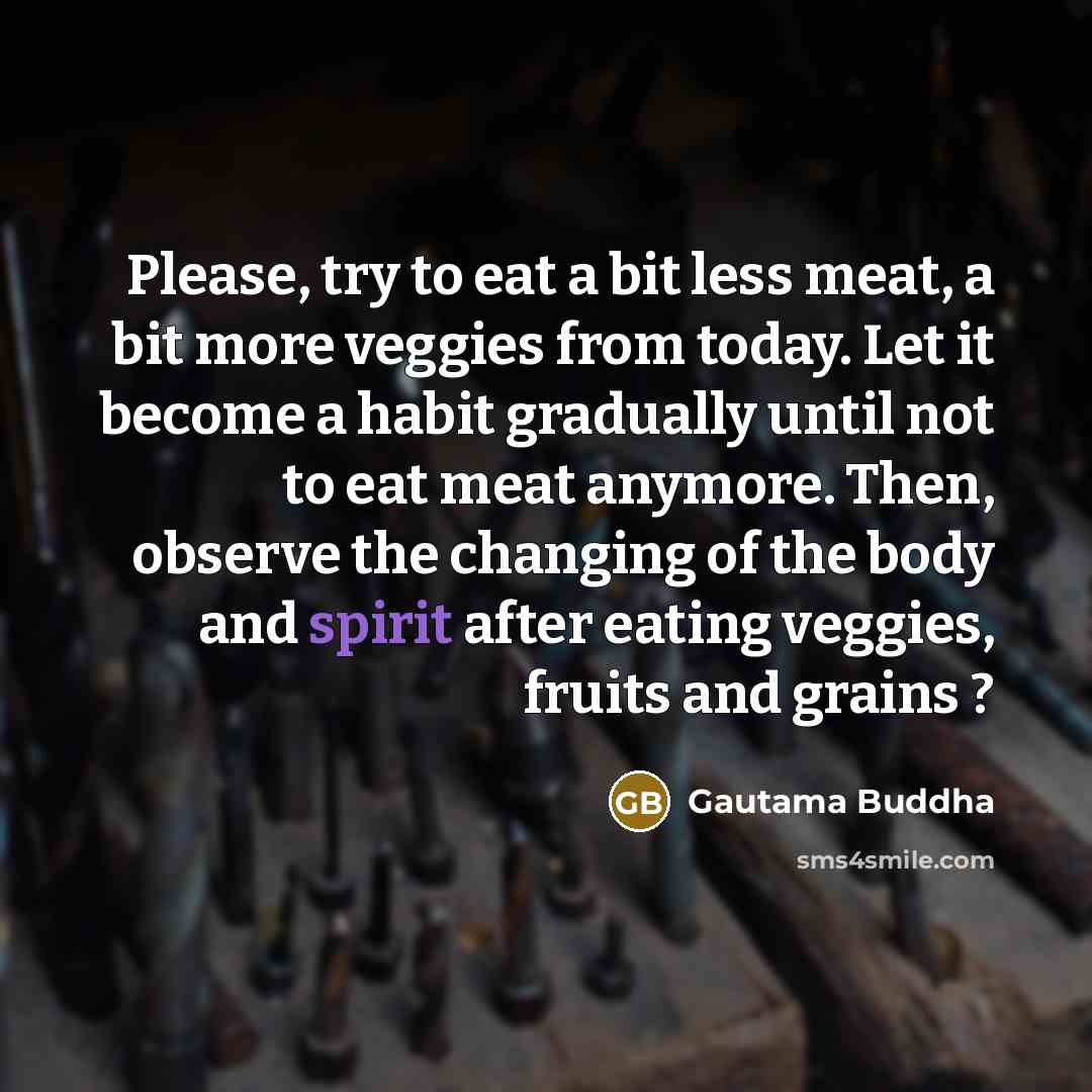 “Please, try to eat a bit less meat, a bit more veggies from today. Let it become a habit gradually until not to eat meat anymore. Then, observe the changing of the body and spirit after eating veggies, fruits and grains ?” quote by Gautama Buddha