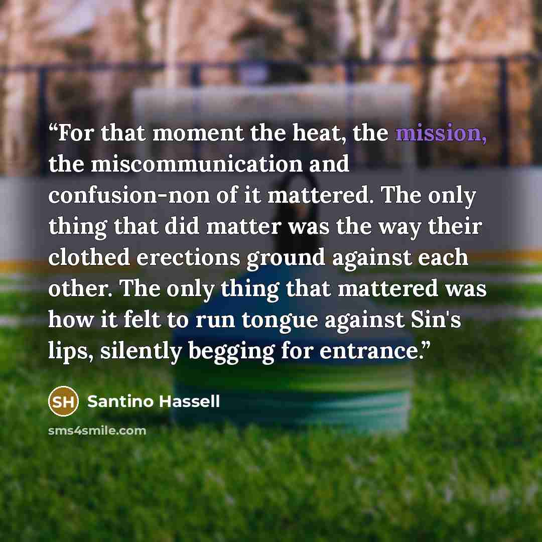 “For that moment the heat, the mission, the miscommunication and confusion-non of it mattered. The only thing that did matter was the way their clothed erections ground against each other. The only thing that mattered was how it felt to run tongue against Sin's lips, silently begging for entrance.” quote by Santino Hassell