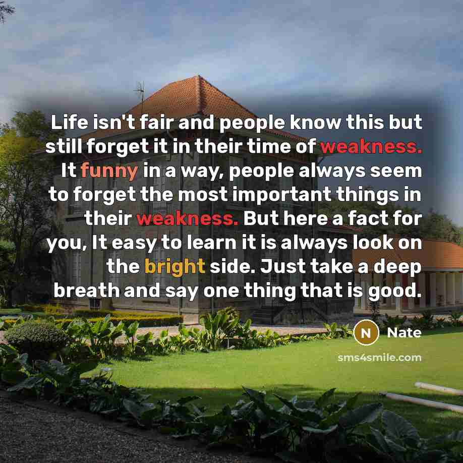 “Life isn't fair and people know this but still forget it in their time of weakness. It funny in a way, people always seem to forget the most important things in their weakness. But here a fact for you, It easy to learn it is always look on the bright side. Just take a deep breath and say one thing…” quote by Nate