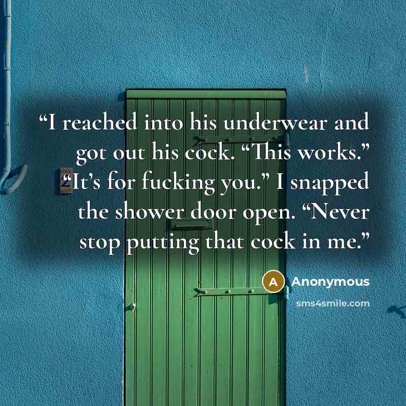 “I reached into his underwear and got out his cock. “This works.” “It’s for fucking you.” I snapped the shower door open. “Never stop putting that cock in me.” quote by Anonymous