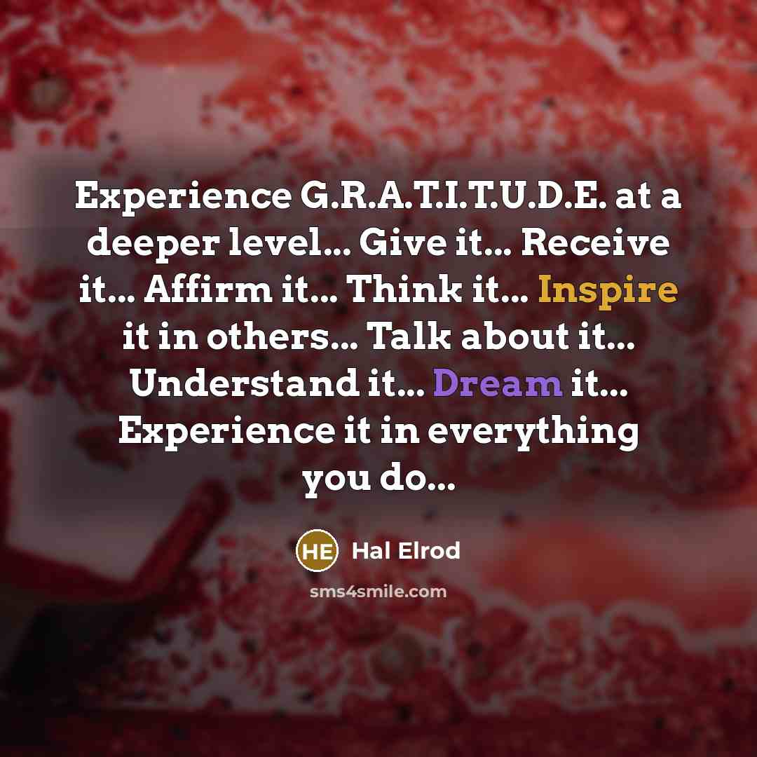 “Experience G.R.A.T.I.T.U.D.E. at a deeper level... Give it... Receive it... Affirm it... Think it... Inspire it in others... Talk about it... Understand it... Dream it... Experience it in everything you do...” quote by Hal Elrod
