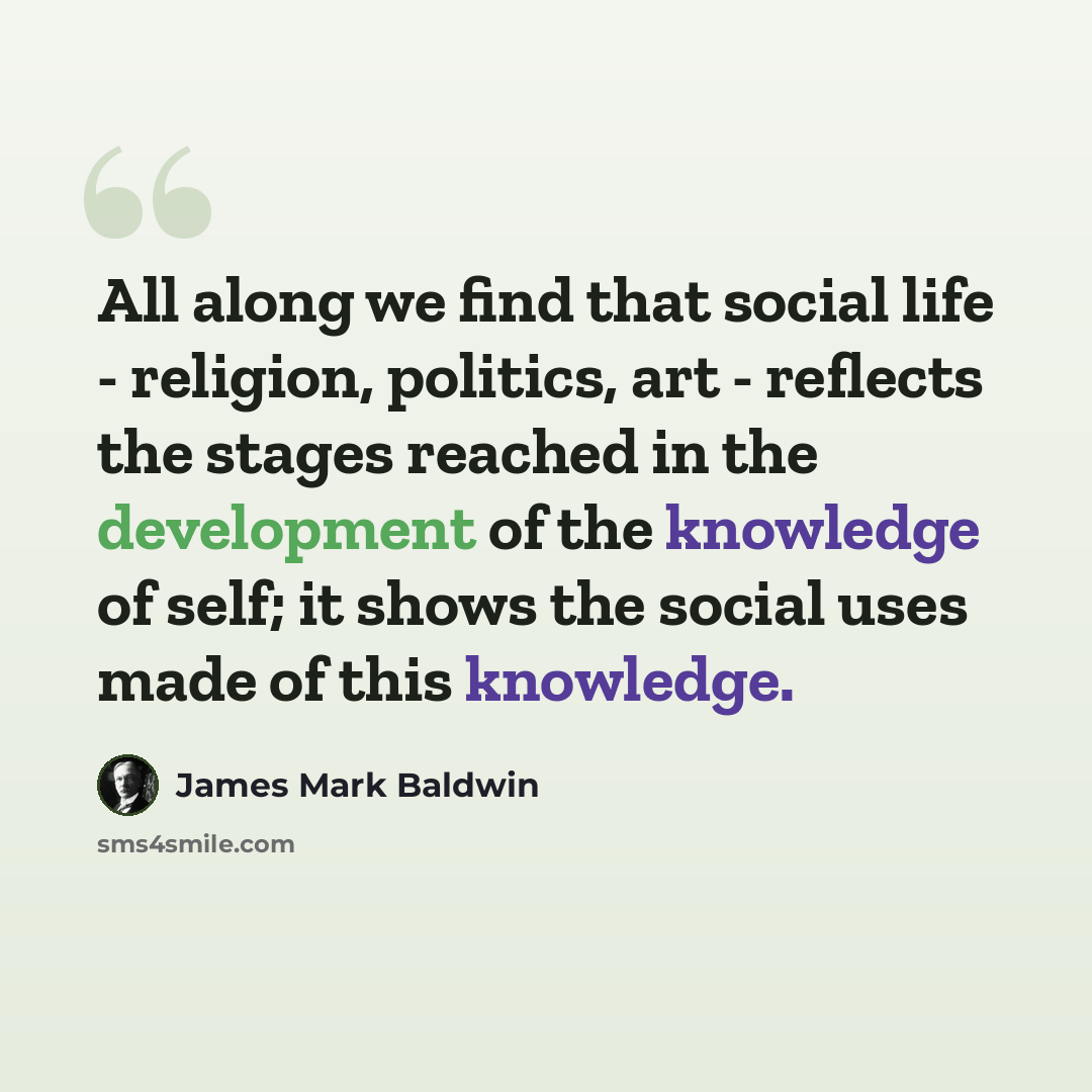 “All along we find that social life - religion, politics, art - reflects the stages reached in the development of the knowledge of self; it shows the social uses made of this knowledge.” quote by James Mark Baldwin