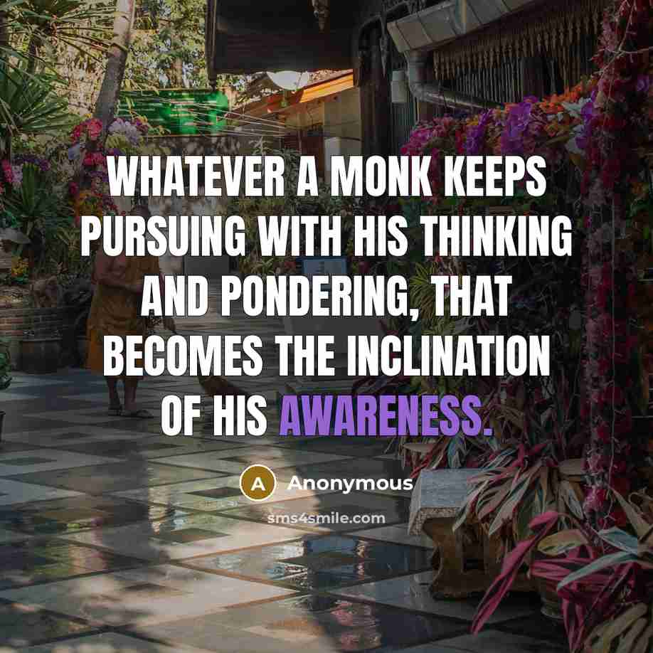 “Whatever a monk keeps pursuing with his thinking and pondering, that becomes the inclination of his awareness.” quote by Anonymous