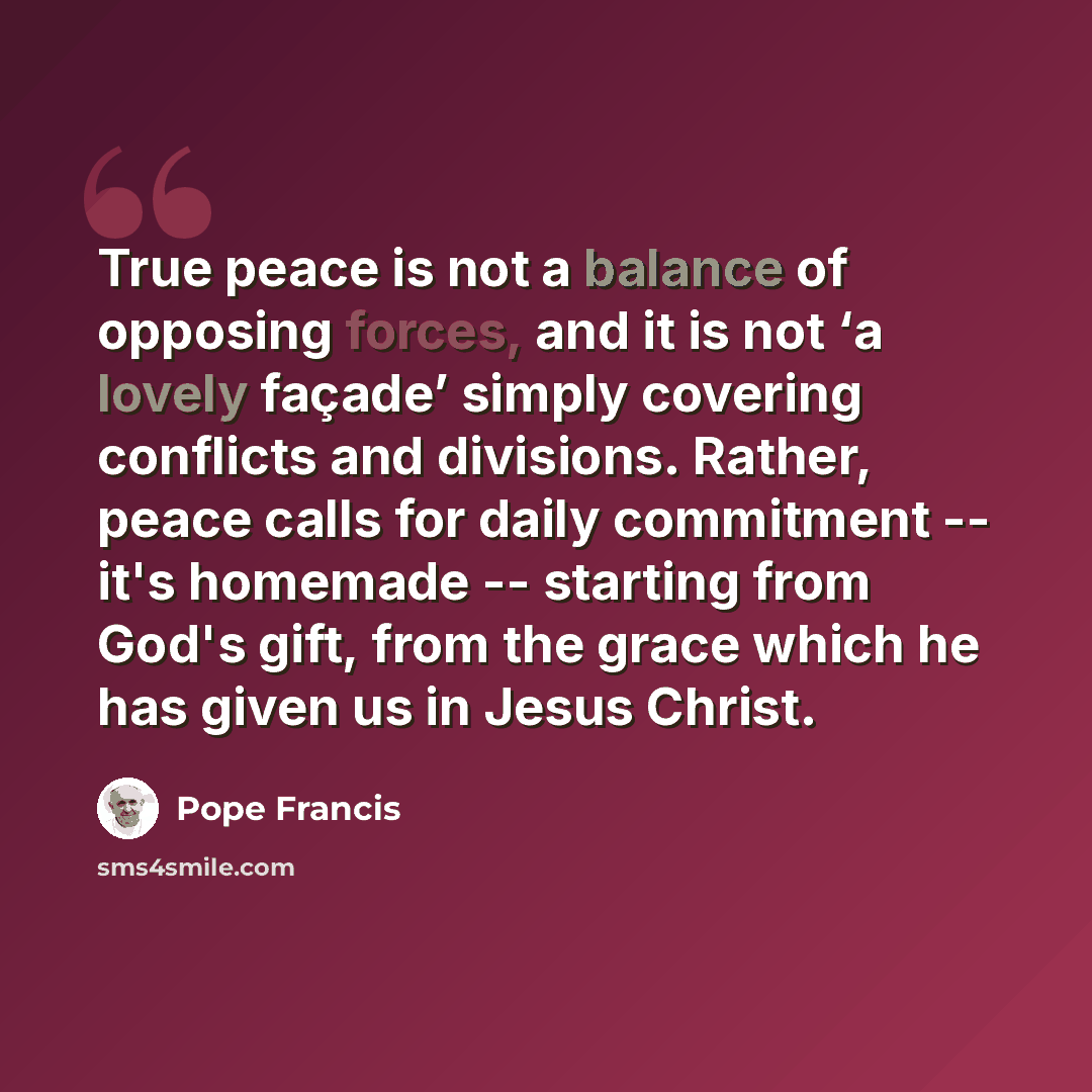 “True peace is not a balance of opposing forces, and it is not ‘a lovely façade’ simply covering conflicts and divisions. Rather, peace calls for daily commitment -- it's homemade -- starting from God's gift, from the grace which he has given us in Jesus Christ.” quote by Pope Francis