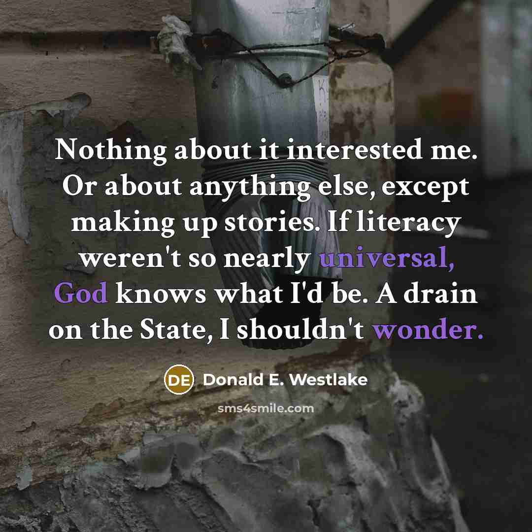“Nothing about it interested me. Or about anything else, except making up stories. If literacy weren't so nearly universal, God knows what I'd be. A drain on the State, I shouldn't wonder.” quote by Donald E. Westlake