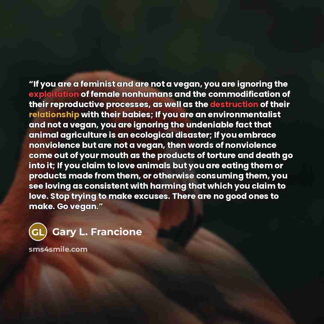 “If you are a feminist and are not a vegan, you are ignoring the exploitation of female nonhumans and the commodification of their reproductive processes, as well as the destruction of their relationship with their babies; If you are an environmentalist and not a vegan, you are ignoring the…” quote by Gary L. Francione