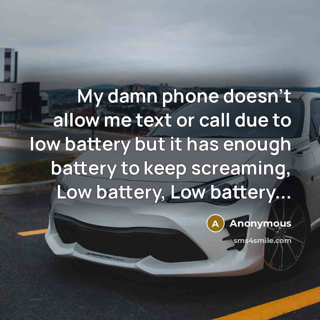 “My damn phone doesn't allow me text or call due to low battery but it has enough battery to keep screaming, Low battery, Low battery...” quote by Anonymous