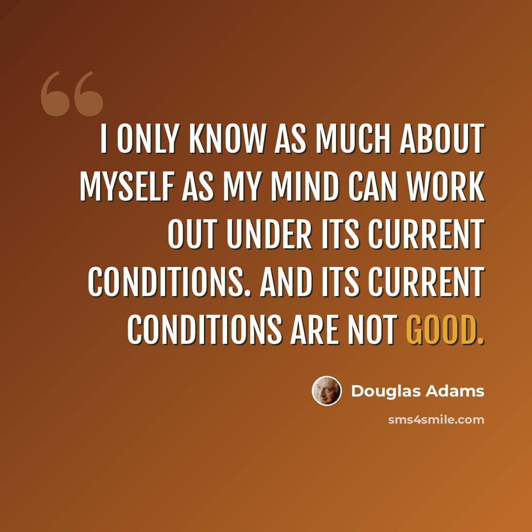 “I only know as much about myself as my mind can work out under its current conditions. And its current conditions are not good.” quote by Douglas Adams