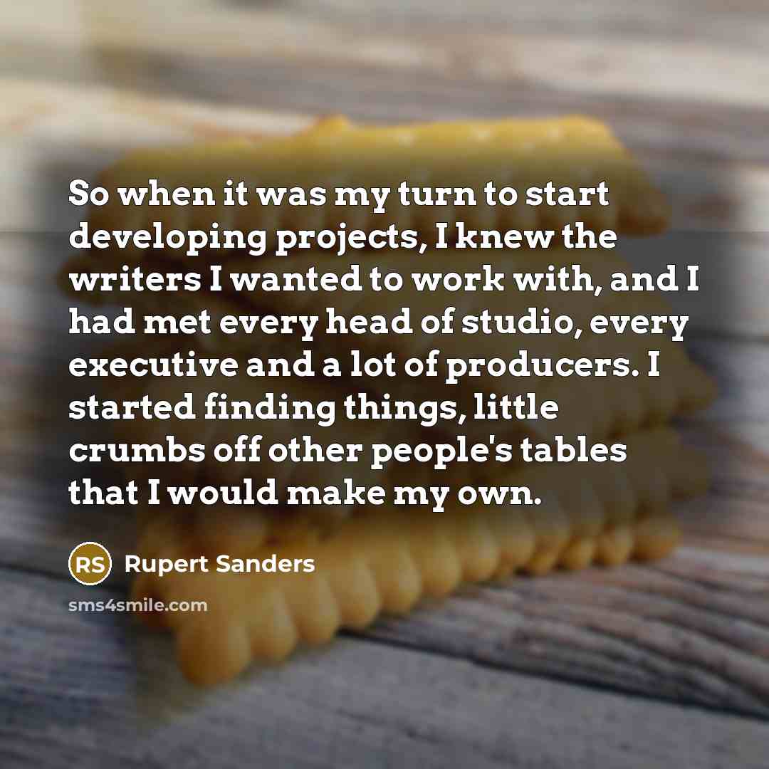“So when it was my turn to start developing projects, I knew the writers I wanted to work with, and I had met every head of studio, every executive and a lot of producers. I started finding things, little crumbs off other people's tables that I would make my own.” quote by Rupert Sanders