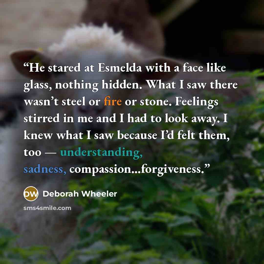 “He stared at Esmelda with a face like glass, nothing hidden. What I saw there wasn’t steel or fire or stone. Feelings stirred in me and I had to look away. I knew what I saw because I’d felt them, too — understanding, sadness, compassion...forgiveness.” quote by Deborah Wheeler
