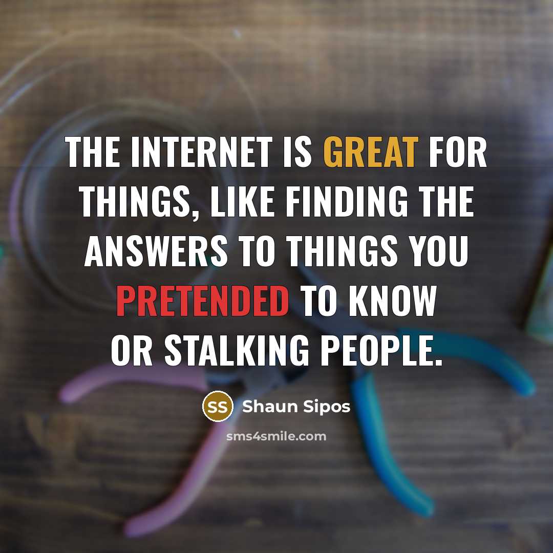 “The Internet is great for things, like finding the answers to things you pretended to know or stalking people.” quote by Shaun Sipos