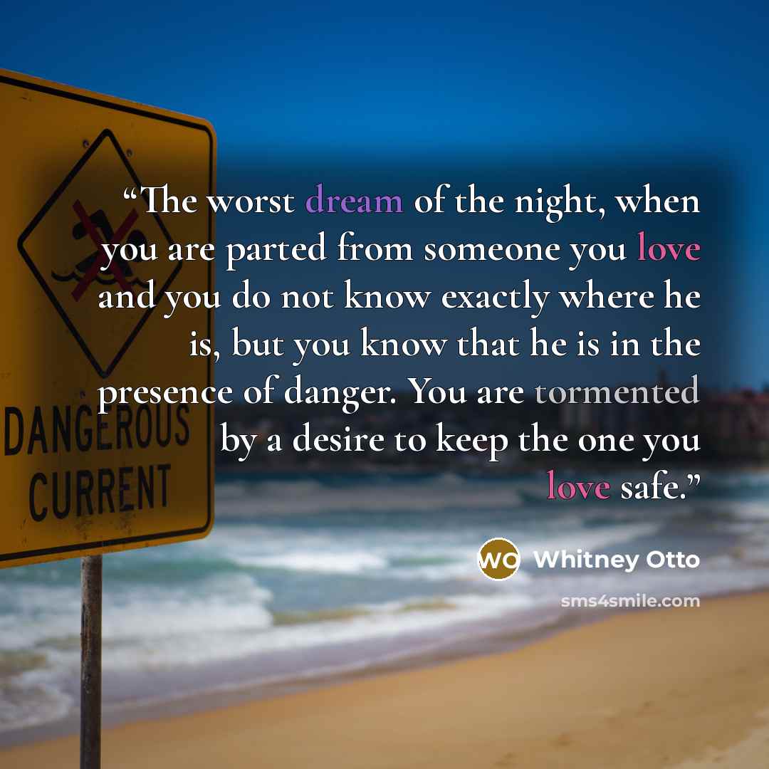 “The worst dream of the night, when you are parted from someone you love and you do not know exactly where he is, but you know that he is in the presence of danger. You are tormented by a desire to keep the one you love safe.” quote by Whitney Otto