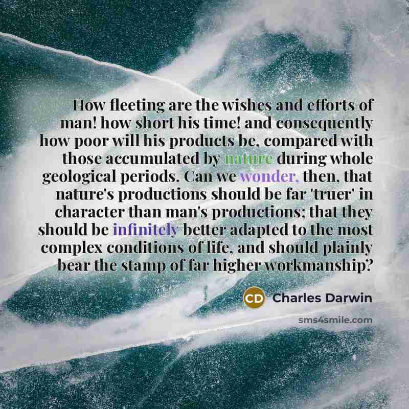 “How fleeting are the wishes and efforts of man! how short his time! and consequently how poor will his products be, compared with those accumulated by nature during whole geological periods. Can we wonder, then, that nature's productions should be far 'truer' in character than man's productions…” quote by Charles Darwin