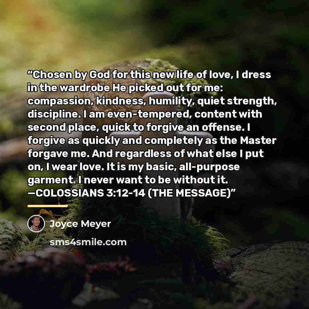 “Chosen by God for this new life of love, I dress in the wardrobe He picked out for me: compassion, kindness, humility, quiet strength, discipline. I am even-tempered, content with second place, quick to forgive an offense. I forgive as quickly and completely as the Master forgave me. And…” quote by Joyce Meyer