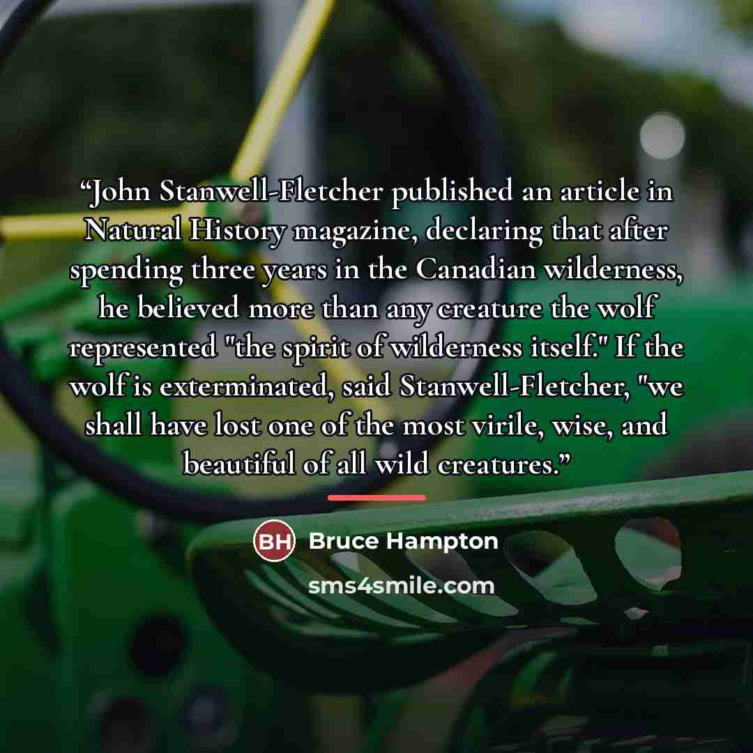 “John Stanwell-Fletcher published an article in Natural History magazine, declaring that after spending three years in the Canadian wilderness, he believed more than any creature the wolf represented "the spirit of wilderness itself." If the wolf is exterminated, said Stanwell-Fletcher, "we shall…” quote by Bruce Hampton